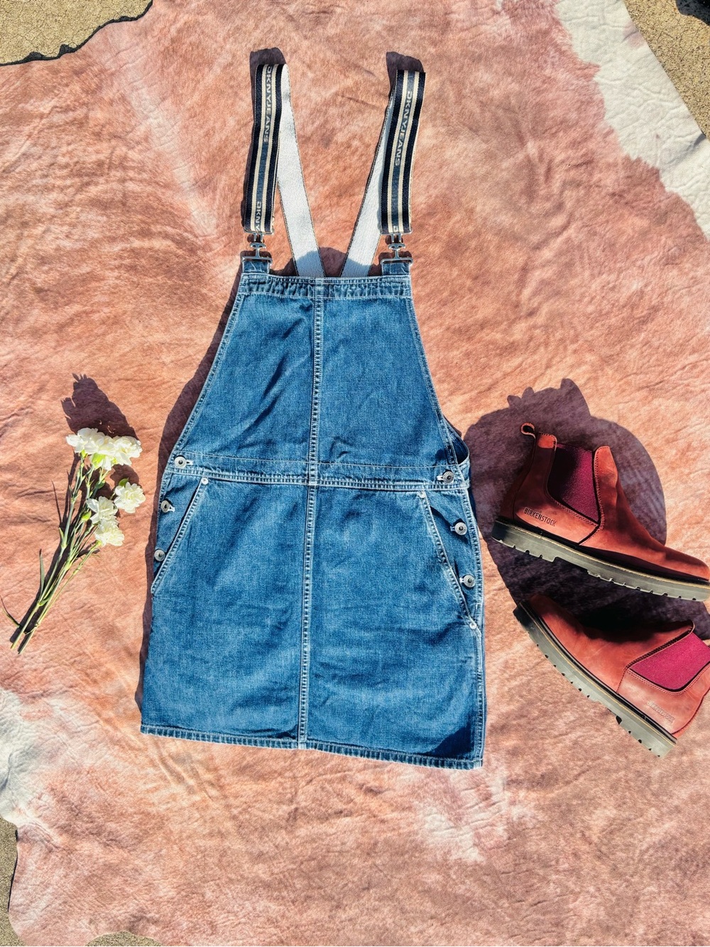 DKNY Blue Denim Overall Dress with Striped Black & White Straps